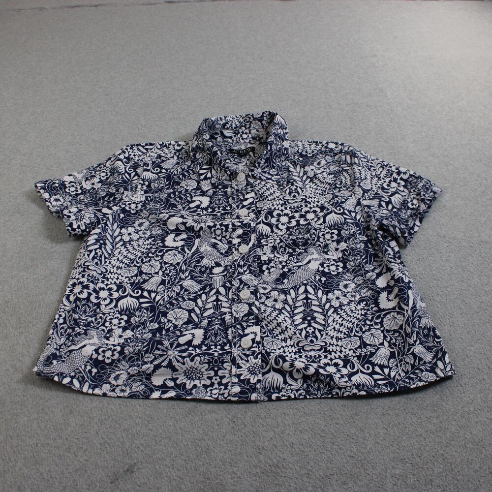 J Crew Shirt Woman 10 Blue White Floral Mermaid Button Up Short Sleeve Coastal